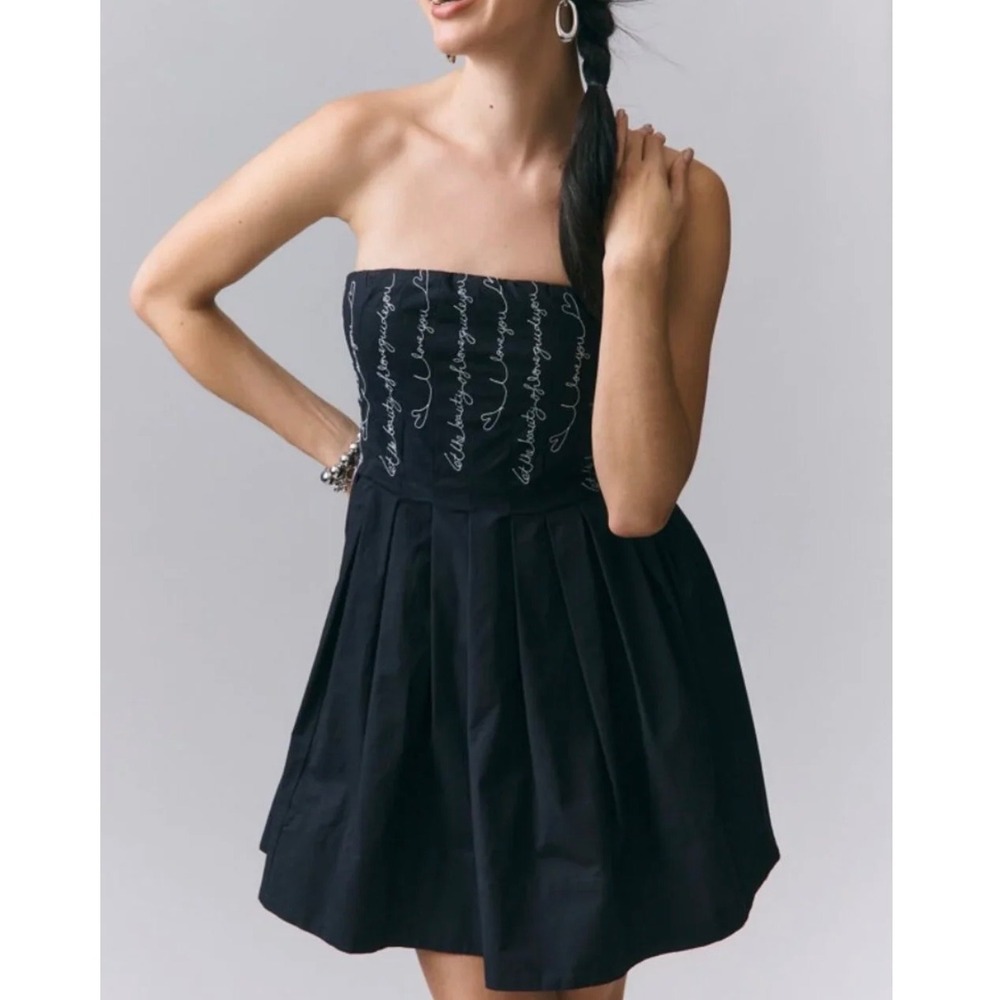 NWT Anthropologie Maeve Love Script Strapless Mini Dress Black Embroidered M - Picture 2 of 9